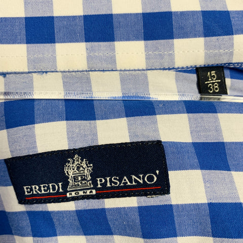 EREDI PISANO Size S Blue White Checkered Cotton Spread Collar Long Sleeve Shirt