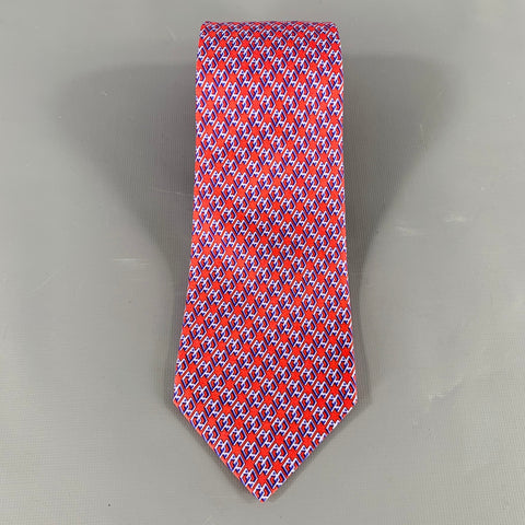 HERMES H Cube Red Blue Monogram Silk Tie