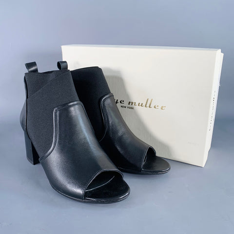 BETTYE MULLER Size 8 Black Leather Mixed Fabrics Elastic Peep Toe Ankle Boots