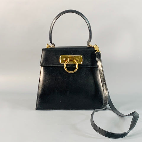 SALVATORE FERRAGAMO Vintage Black Gold Leather Top Handles Handbag