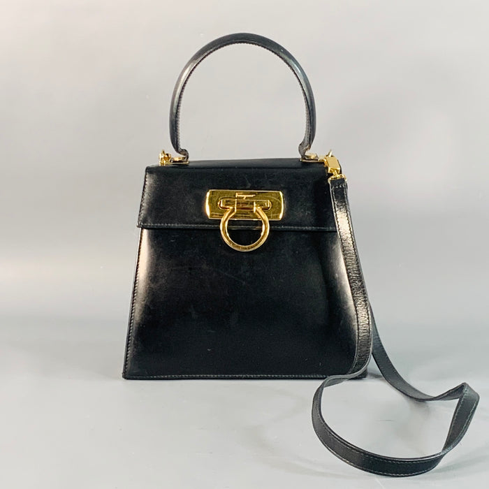 SALVATORE FERRAGAMO Vintage Black Gold Leather Top Handles Handbag