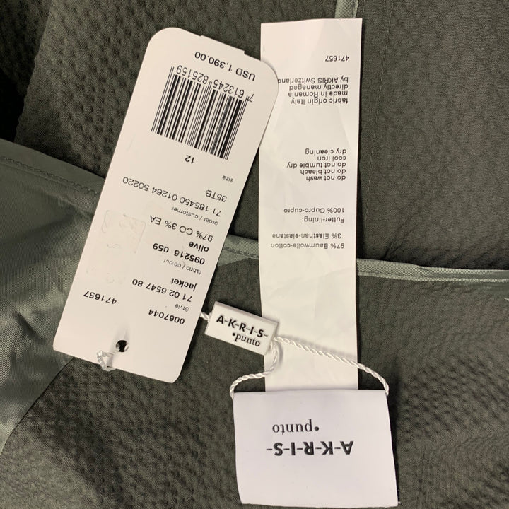 AKRIS Size 12 Black Olive Cotton Blend Seersucker Zip Snaps Collarless Jacket