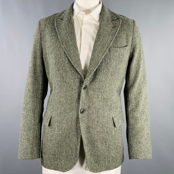 DRIES VAN NOTEN Size 44 Green Herringbone Wool Peak Lapel Sport Coat