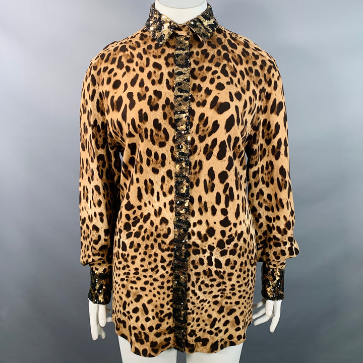 DOLCE & GABBANA Size L Brown Viscose Blend Leopard Sequin Trim Snaps Shirt