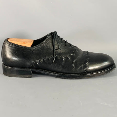 BOTTEGA VENETA Size 11 Black Leather Textured Zig Zag Lace-Up Shoes