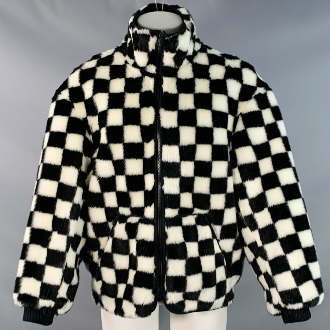 R13 Size S Black White Checkered Faux Fur Fleece Oversized Zip Up Jacket