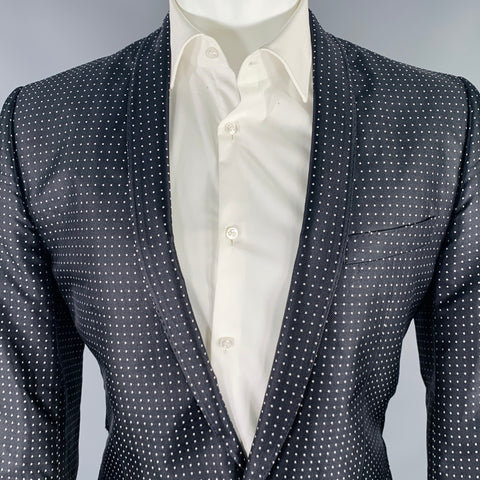 DOLCE & GABBANA Veste de sport en soie à col châle à pois noirs et blancs, taille 40