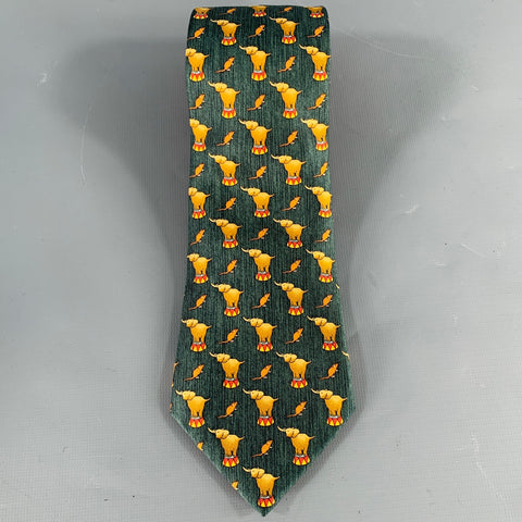 HERMES Green Beige Elephant Circus 7681 TA  Silk Tie