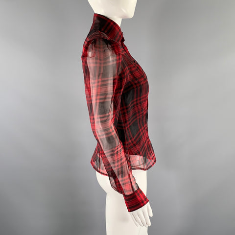 RALPH LAUREN Size 4 Red Black Silk Plaid Balloon sleeves Blouse