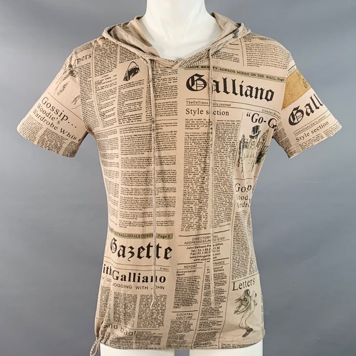 JOHN GALLIANO Size M Khaki Black Newspaper Cotton Blend Jersey Hooded Short Sleeve Shirt