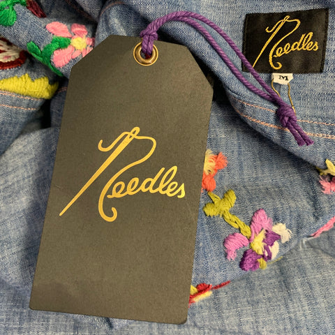 NEEDLES Size M Blue Multi Color Embroidery Chambray Snaps Long Sleeve Shirt