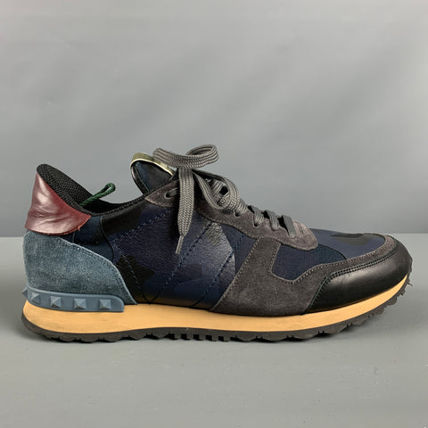 VALENTINO Size 11 Navy Grey Camo Leather Low Top Sneakers