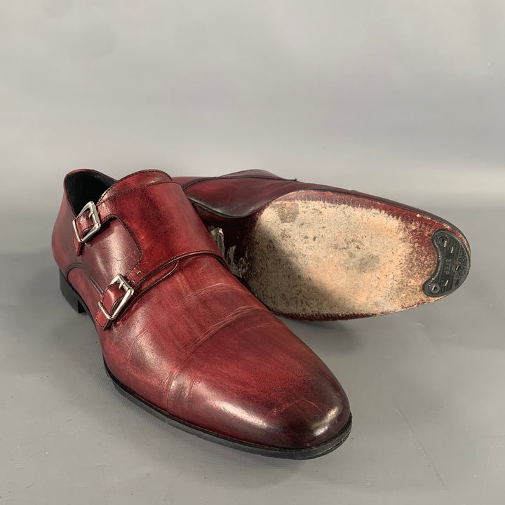 MASSIMO MATTEO Size 9.5 Burgundy Crackled Leather Monk Strap Loafers