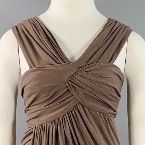 DONNA KARAN Size L Brown Wool Jersey Ruched Sleeveless Midi Dress