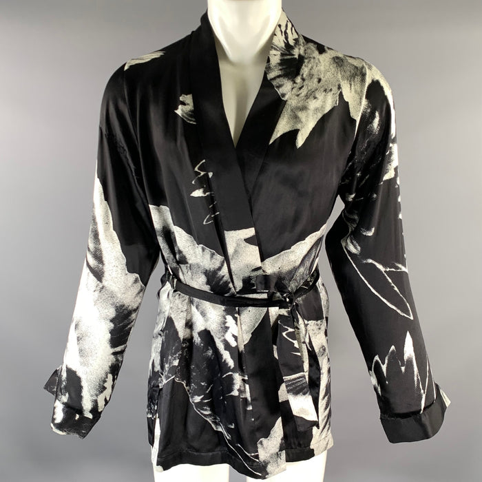 ANN DEMEULEMEESTER Size S Black White Floral Silk Belted Wrap Cardigan