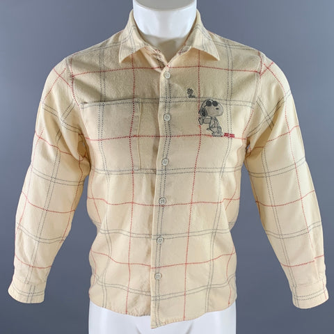 GREENCLUB Size S Cream Red Grey Stiched Plaid Wool Long Sleeve Shirt