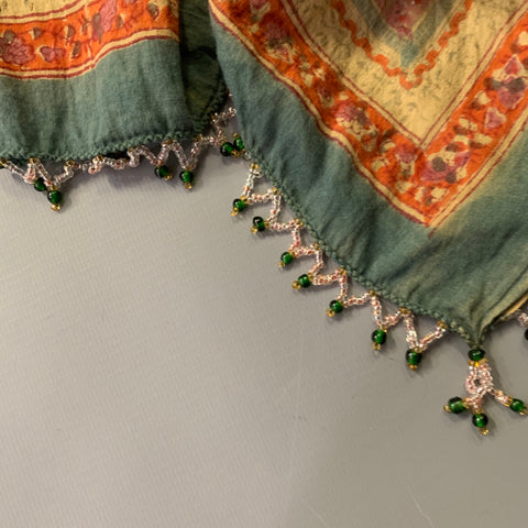 ANOKHI Green Multi Color Floral Cotton Beaded Scarf Shawl