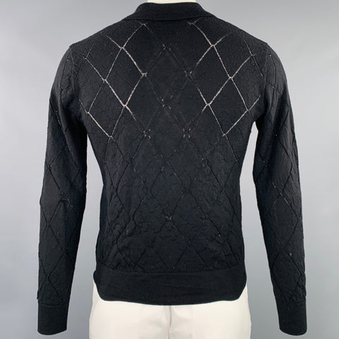 DRIES VAN NOTEN Size L Black Knit Wool Diamond Polo Pullover