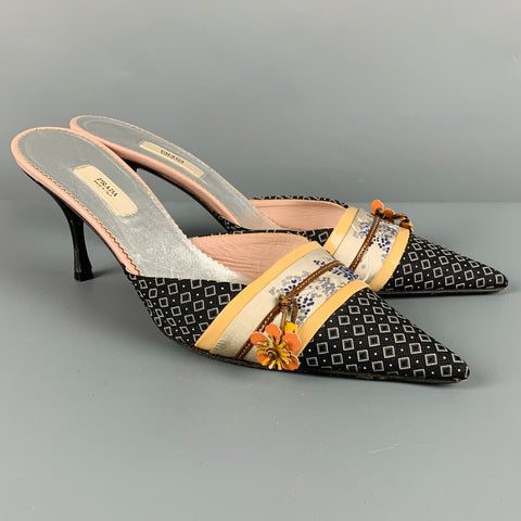 PRADA Talla 7.5 Bombas de mulas florales tipo kimono multicolor negro