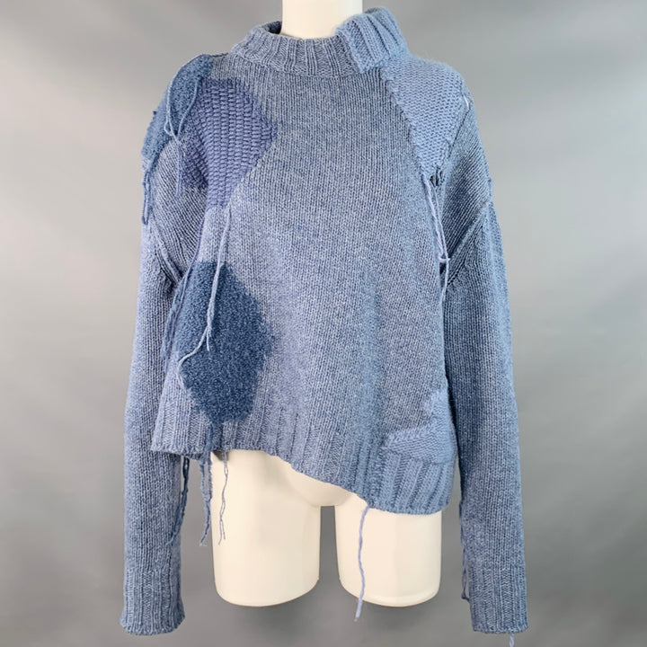 ACNE STUDIOS AW17 Size M Ovira Patch Blue Grey Wool Blend Patchwork Distressed Sweater