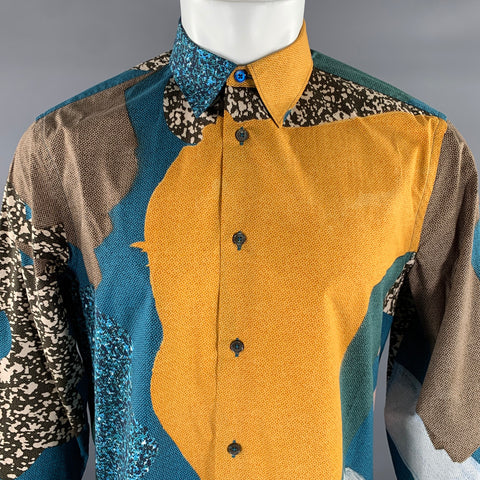 PAUL SMITH Size L Teal Mustard Geometric Cotton Long Sleeve Shirt
