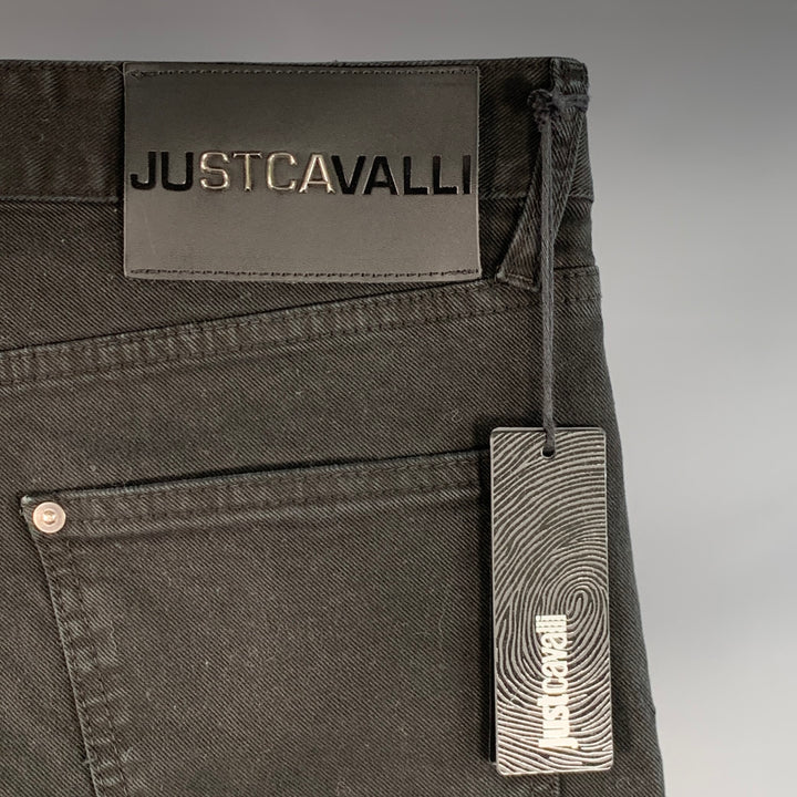 JUST CAVALLI Size 33 Black Silver Studded Cotton Blend Denim Button Fly Jeans