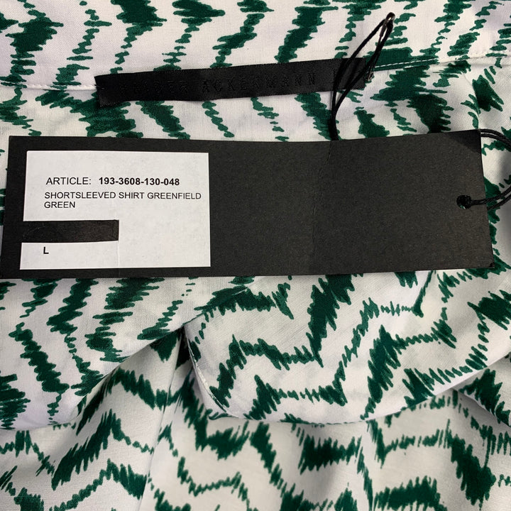 HAIDER ACKERMANN Size L Green White Zig Zag Viscose Silk Short Sleeve Shirt