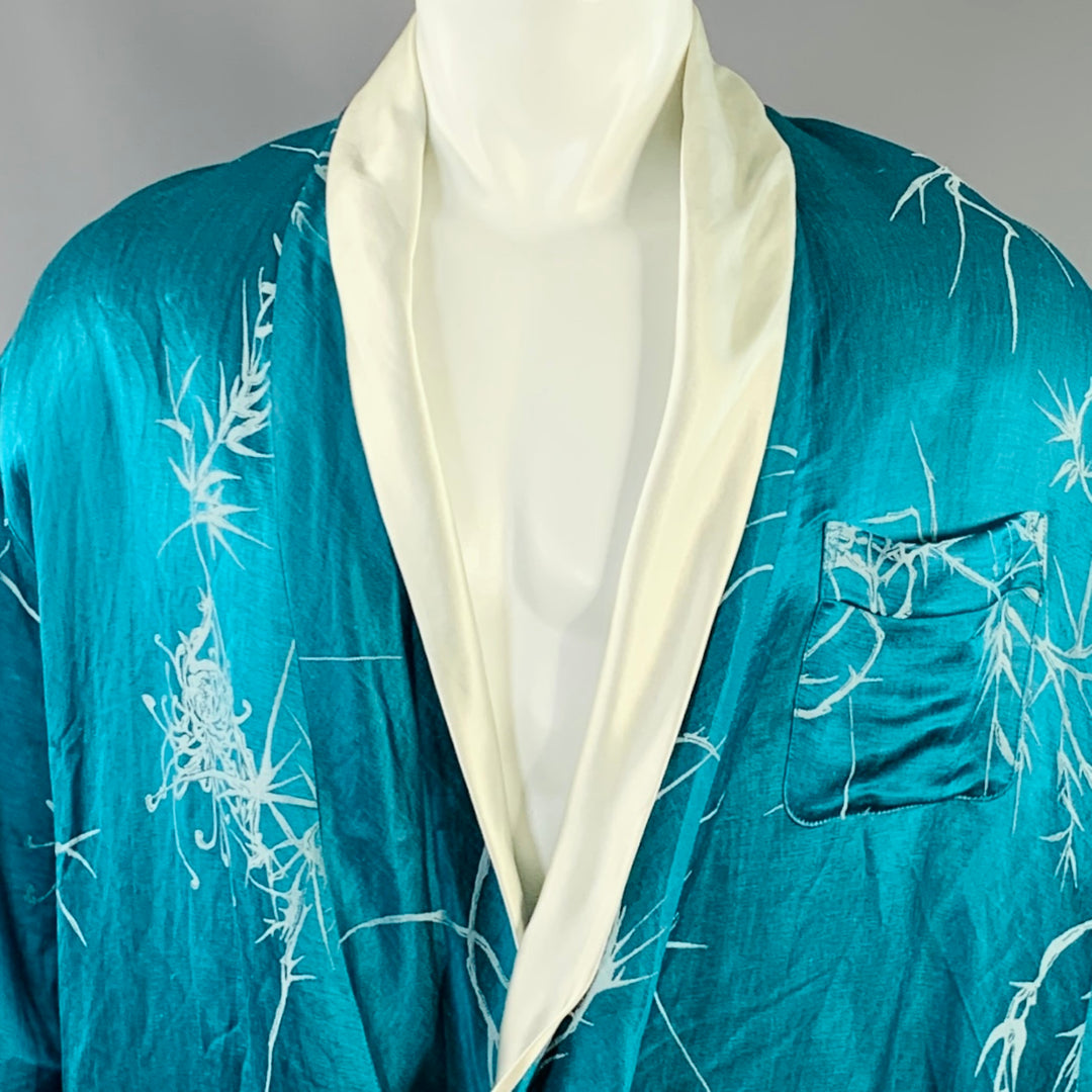 HAIDER ACKERMANN Size S Teal White Jacquard Linen Silk Shawl Collar Jacket