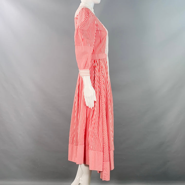 ALEXANDER MCQUEEN Size 2 Red White Cotton Stripe Collarless Asymmetrical A-Line Dress