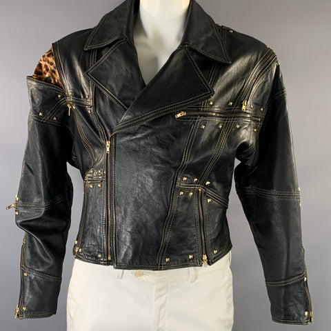 FICCE Size 40 Black Studded Leather Biker Jacket