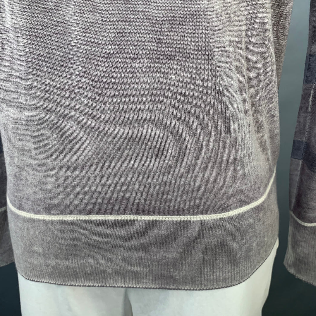 JOHN VARVATOS Size L Grey Purple Stripe Silk Cashmere V-Neck Pullover