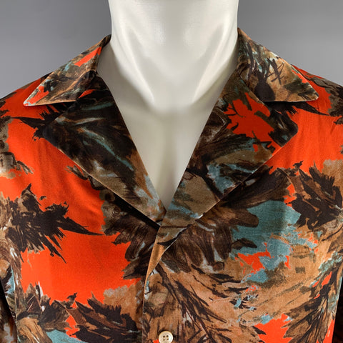 BED J.W. FORD Size S Orange Brown Blue Leaf Print Polyester Camp Collar Long Sleeve Shirt