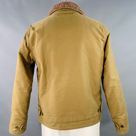 IRON HEART Size XL Whipcord N1 Deck Khaki Cotton Faux Shearling Zip Buttons Jacket