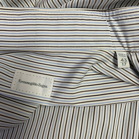 ERMENEGILDO ZEGNA Size L White Blue Brown Stripe Cotton Long Sleeve Shirt