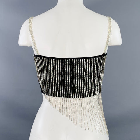 FANG Size S Asymmetrical Rhinestone Black Silver Cotton Blend Fringe Cropped Dress Top