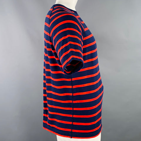 HEMINGSWORTH Size L Navy Red Stripe Cotton Crew Neck T-shirt