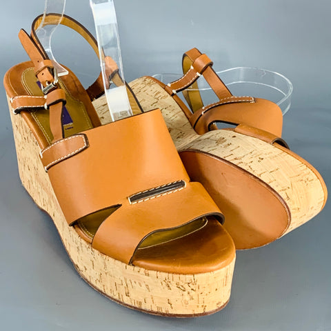 RALPH LAUREN Size 10 Tan Beige Leather Slingback Platform Wedge Sandals