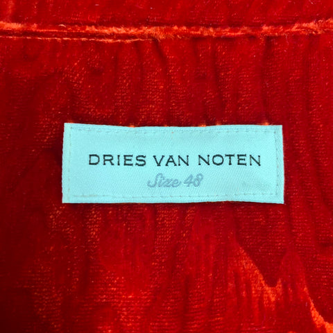 DRIES VAN NOTEN Size S Red Faux Bois Velvet Zip Up Long Sleeve Shirt