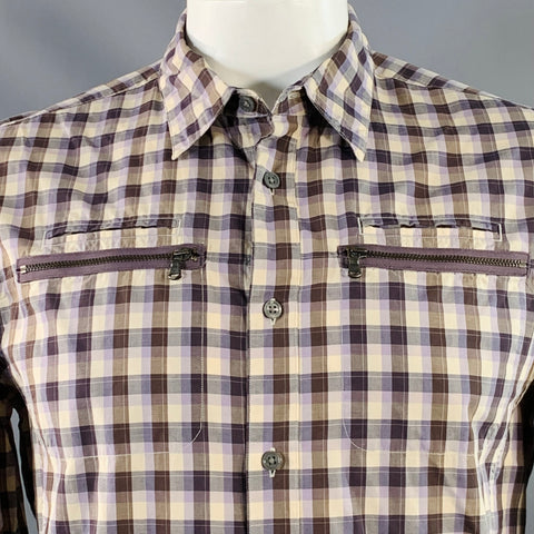 JOHN VARVATOS STAR USA Size L Beige Brown Purple Plaid Long Sleeve Shirt