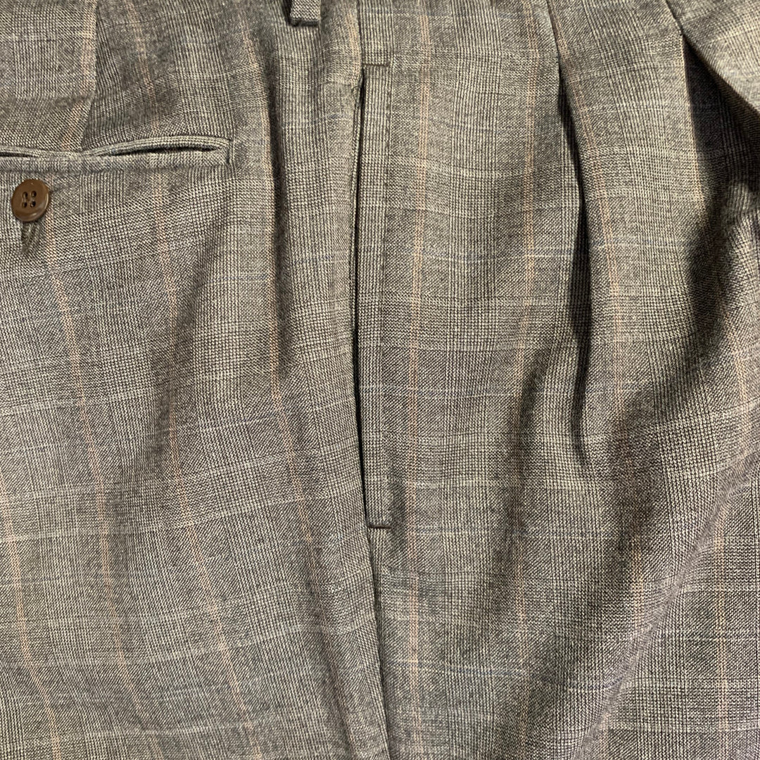 LUCIANO BARBERA Size 38 Regular Brown Plaid Wool Notch Lapel Pleated Suit