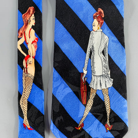 NICOLE MILLER Black Blue Diagonal Stripe Pinup Girl Silk Tie