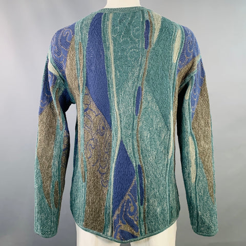 EMPORIO ARMANI Size L Green Blue Geometric Cotton Linen Crew Neck Sweater