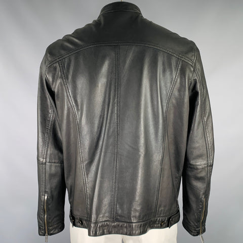 JOHN VARVATOS Size XL Black Sheep Leather Collarless Zip Up Jacket