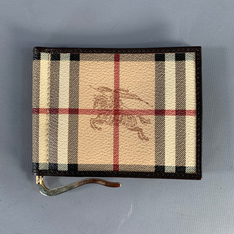 BURBERRY PRORSUM Beige Brown Plaid Pebble Grain Leather Wallet