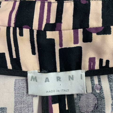 MARNI Size 8 Rose Purple Black Cotton Silk Print Open Front Coat