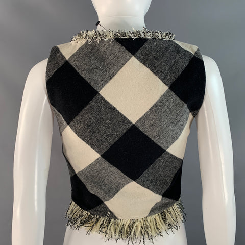 ZAC POSEN Size 0 Black White Wool / Polyester Checkered Fringed Dress Top