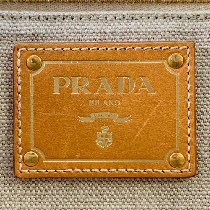 PRADA Canapa Brown Black White Stripe Canvas Open Top Tote Handbag