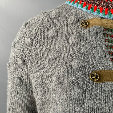 CHANEL Pre-Fall 2015 Size 12 Grey Multi Color Wool Cable Knit Bobble Leather Trim Jacket