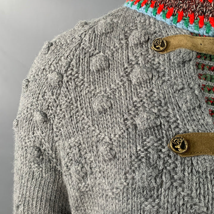 CHANEL Pre-Fall 2015 Size 12 Grey Multi Color Wool Cable Knit Bobble Leather Trim Jacket