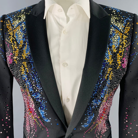 EMPORIO ARMANI SS20 Size 38 Black Multi Color Rhinestone Virgin Wool Tuxedo Jacket
